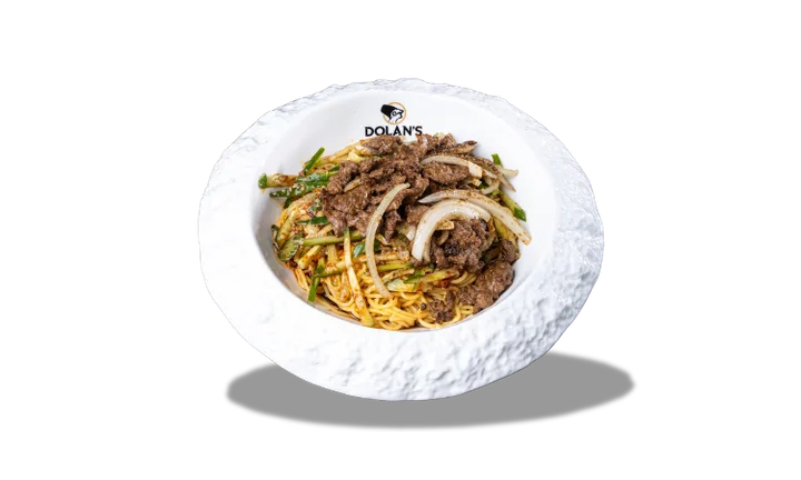 Kebab noodle — yellow noodles with grilled lamb at Dolan's