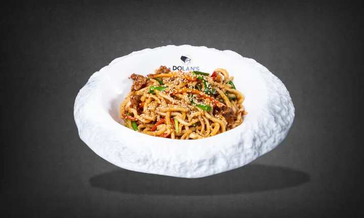 Korma chop — dry-fried hand-pulled noodles with beef and sesame, Dolan's catering